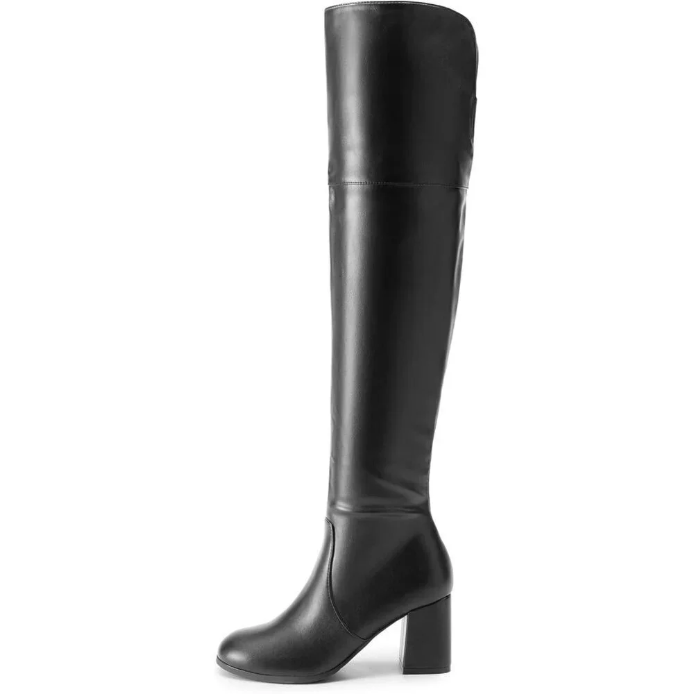 Women's Black-pu Faux Suede Thigh High Block Heel Over The Knee Pointed Toe Boot
